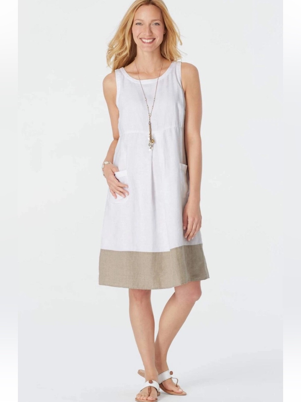 J. Jill White 100% Linen Midi Dress with Front Pockets